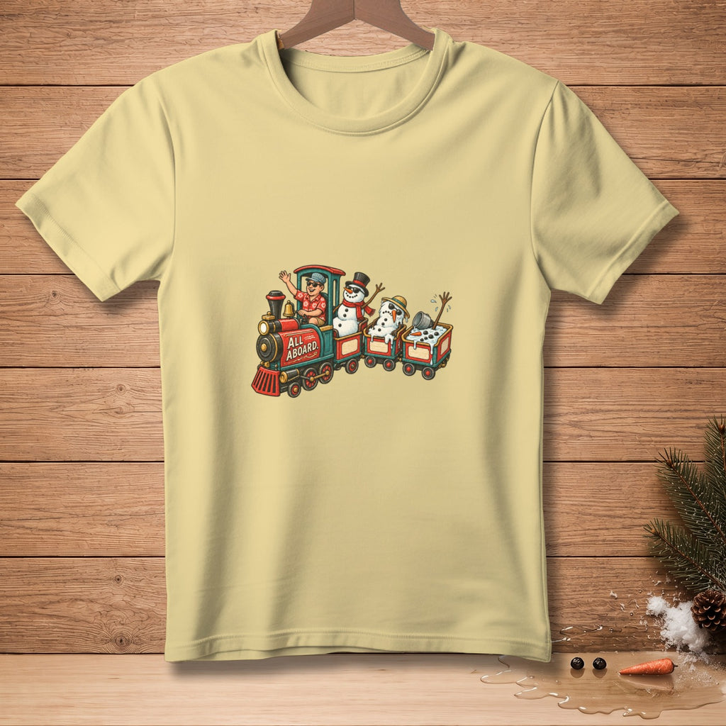 Light yellow t-shirt with cartoon train and snowmen graphic saying "All Aboard".