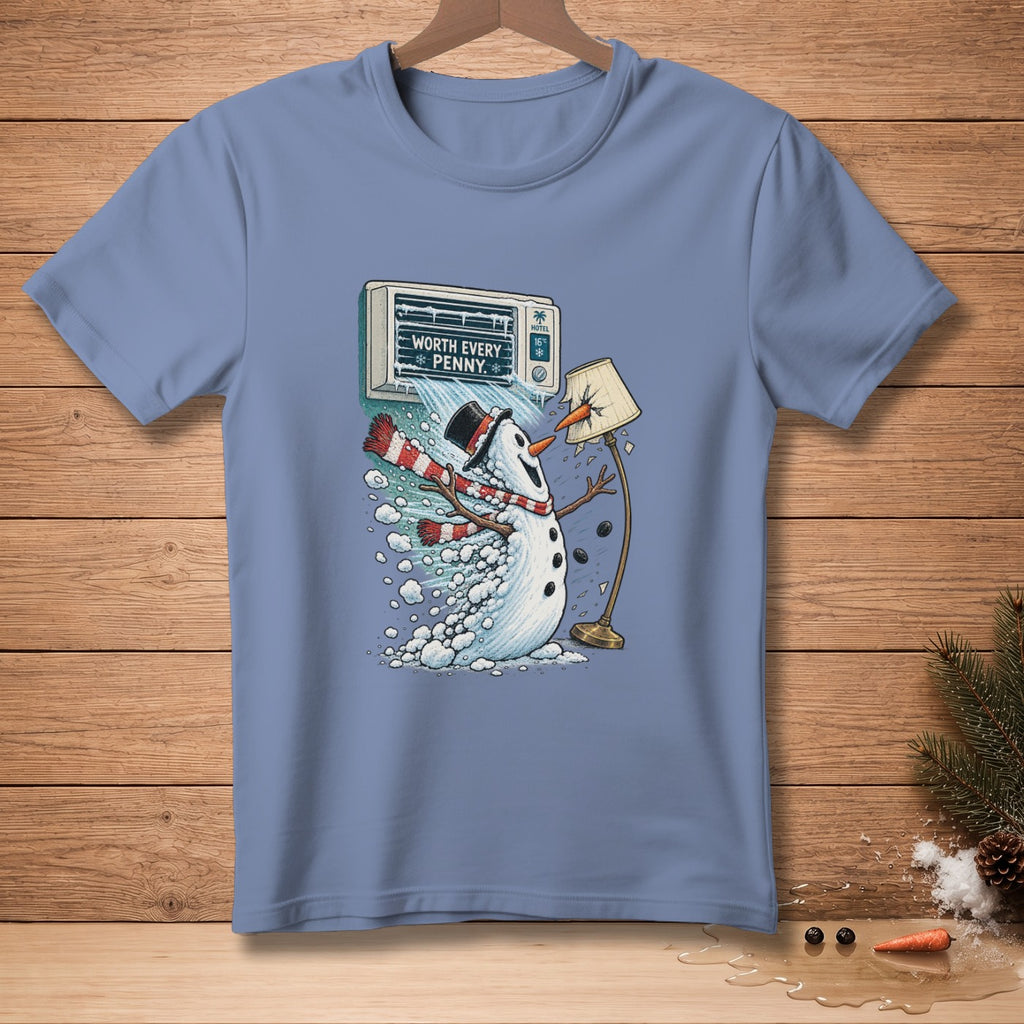 Snowman with scarf and hat next to an air conditioner and lamp that says "Worth Every Penny."