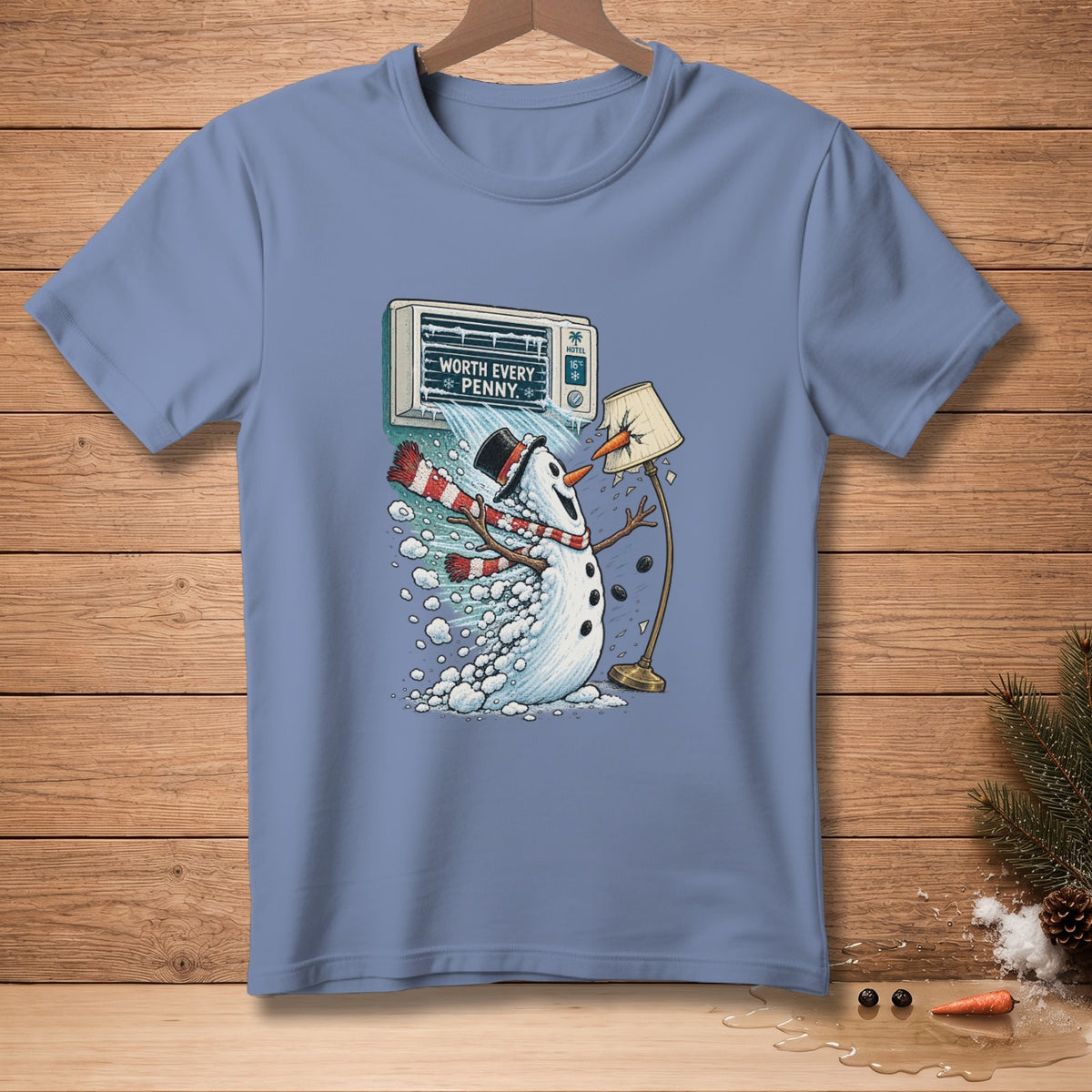 Snowman with scarf and hat next to an air conditioner and lamp that says "Worth Every Penny."