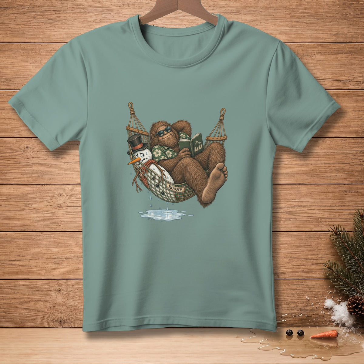 Bigfoot reads a book in a hammock next to a melting snowman.