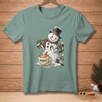 Snowman making coffee with "WORTH IT." text on mug.