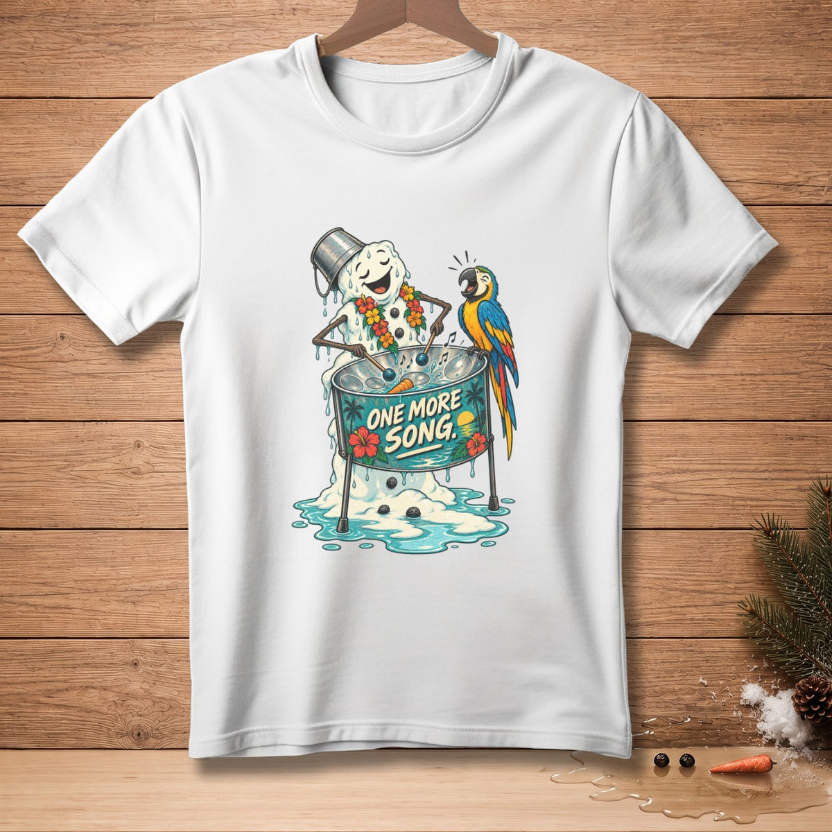 Melting snowman plays steel drum with parrot, text "ONE MORE SONG."