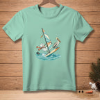 Snowman windsurfing with a pelican on a surfboard in choppy water.
