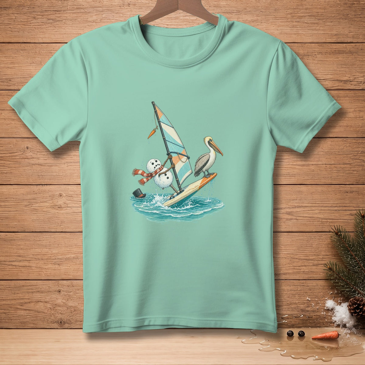 Snowman windsurfing with a pelican on a surfboard in choppy water.