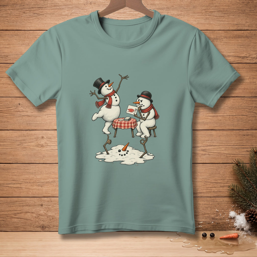 Two snowmen play cards at a table while a third snowman melts on the ground.