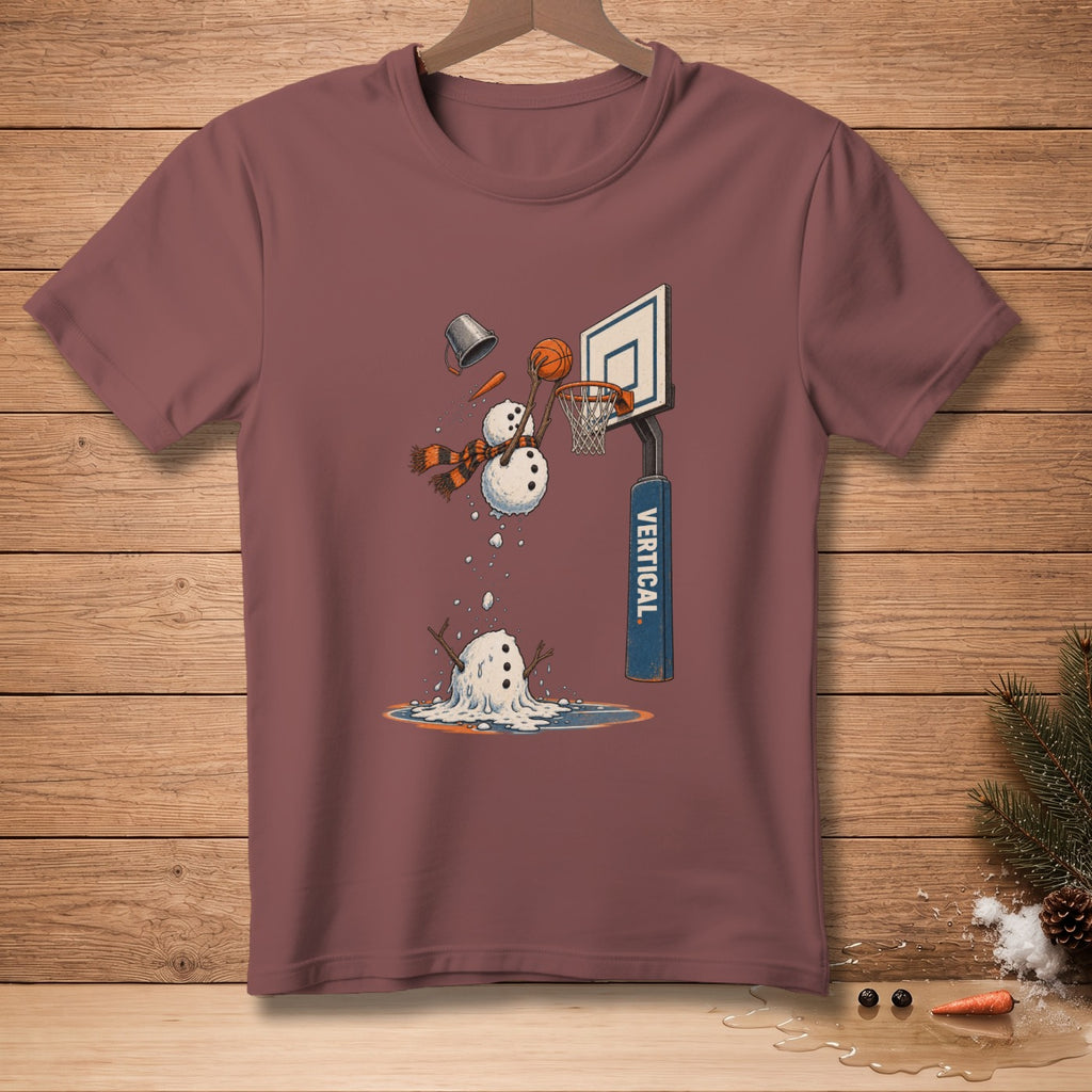Snowman playing basketball and melting, with text "VERTICAL." on pole.