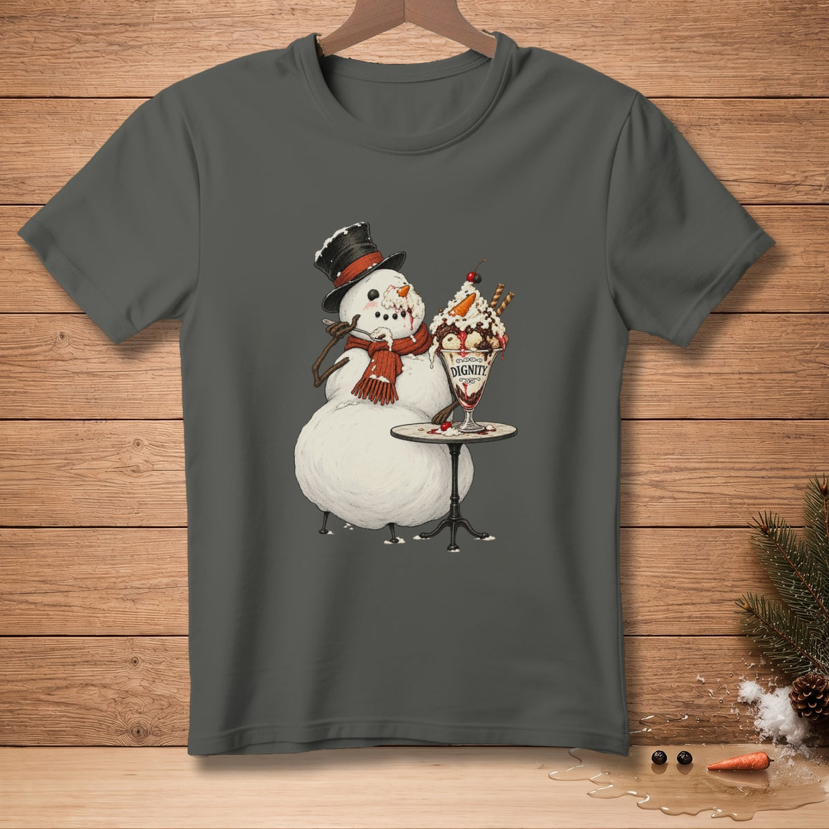 Snowman in a top hat eats an ice cream sundae with text "DIGNITY" on glass.