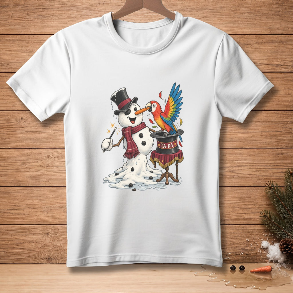 Melting snowman with top hat, scarf, and wand next to a parrot on a magician's table.