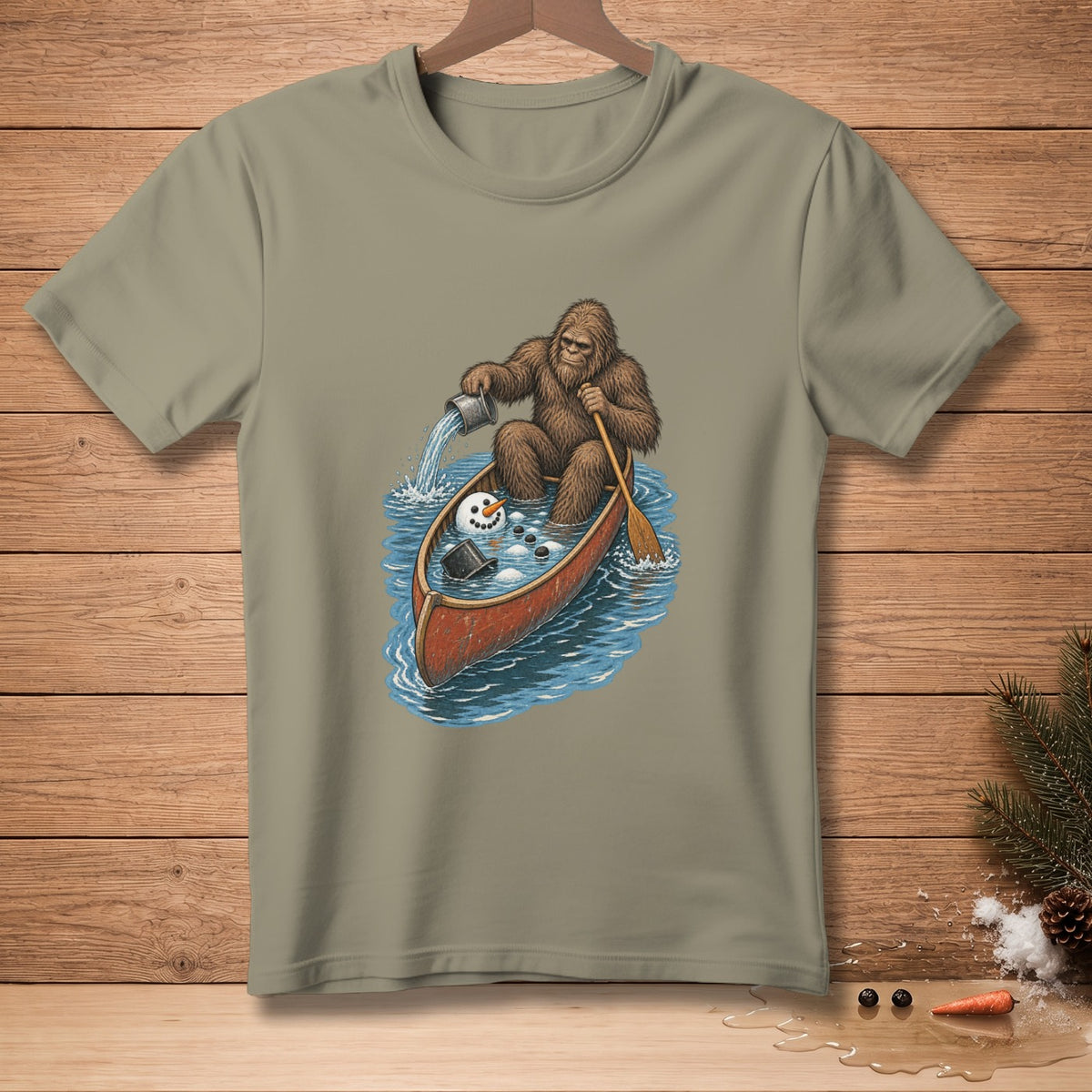 Bigfoot in a canoe pouring water on a melting snowman.