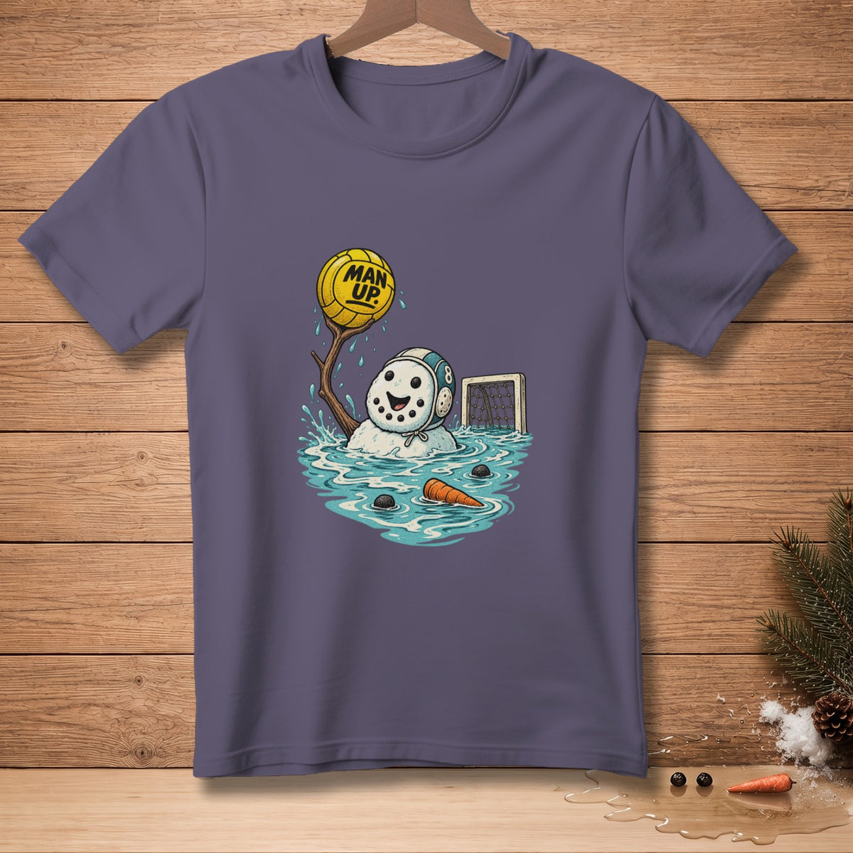 Snowman in water playing water polo, holding ball that says "MAN UP."