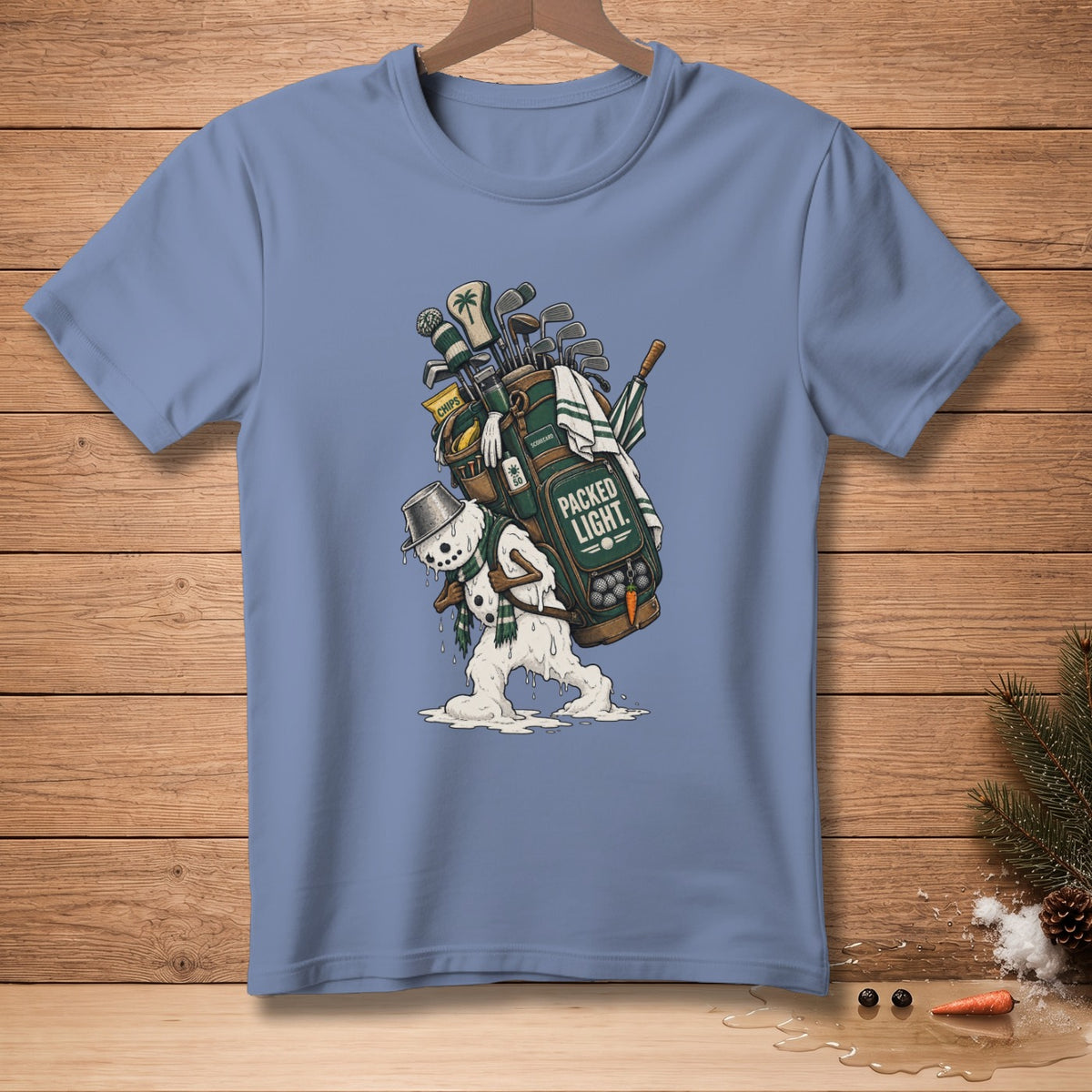 Melting snowman carrying a golf bag with clubs and text "PACKED LIGHT."