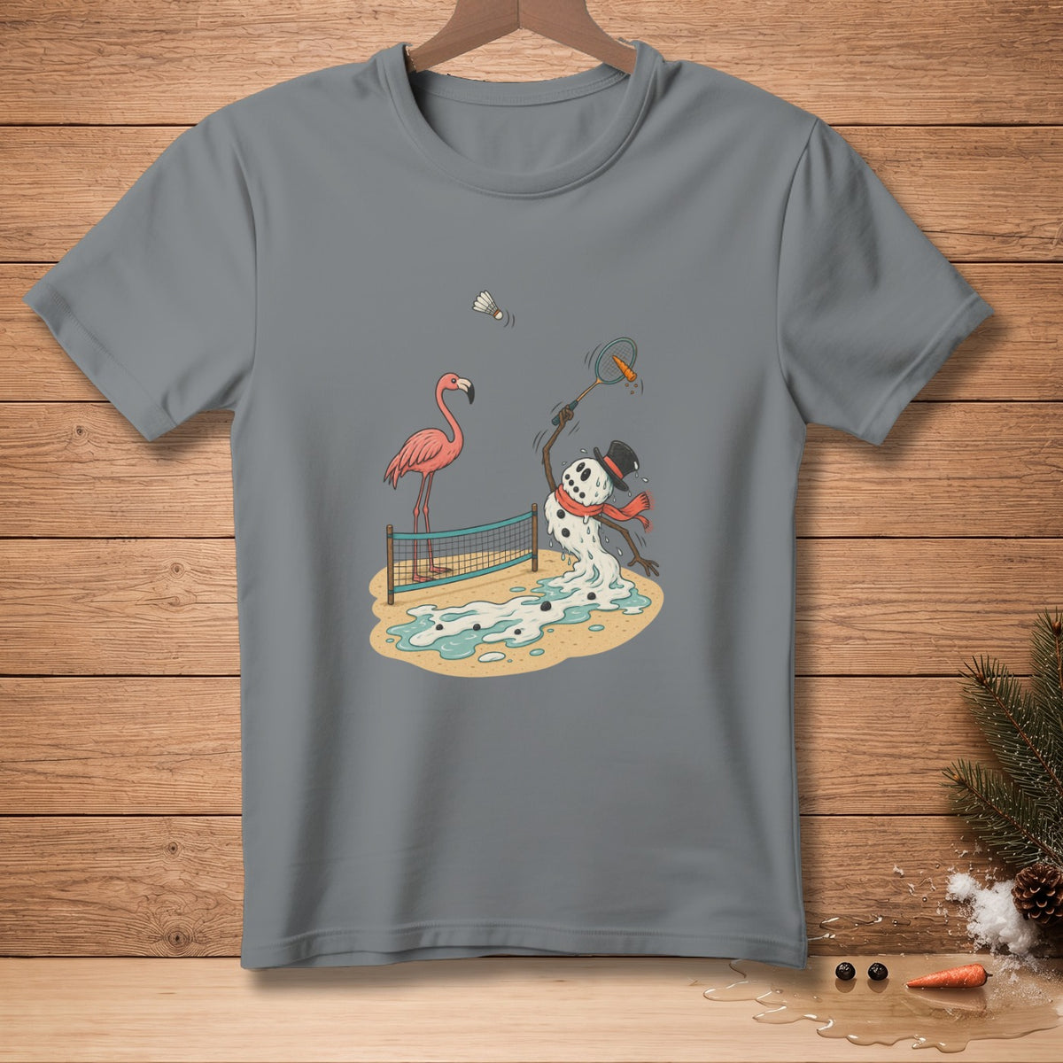 Gray t-shirt with melting snowman playing badminton with a flamingo.
