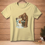 Bigfoot pours a drink for a melting snowman sitting at a table.