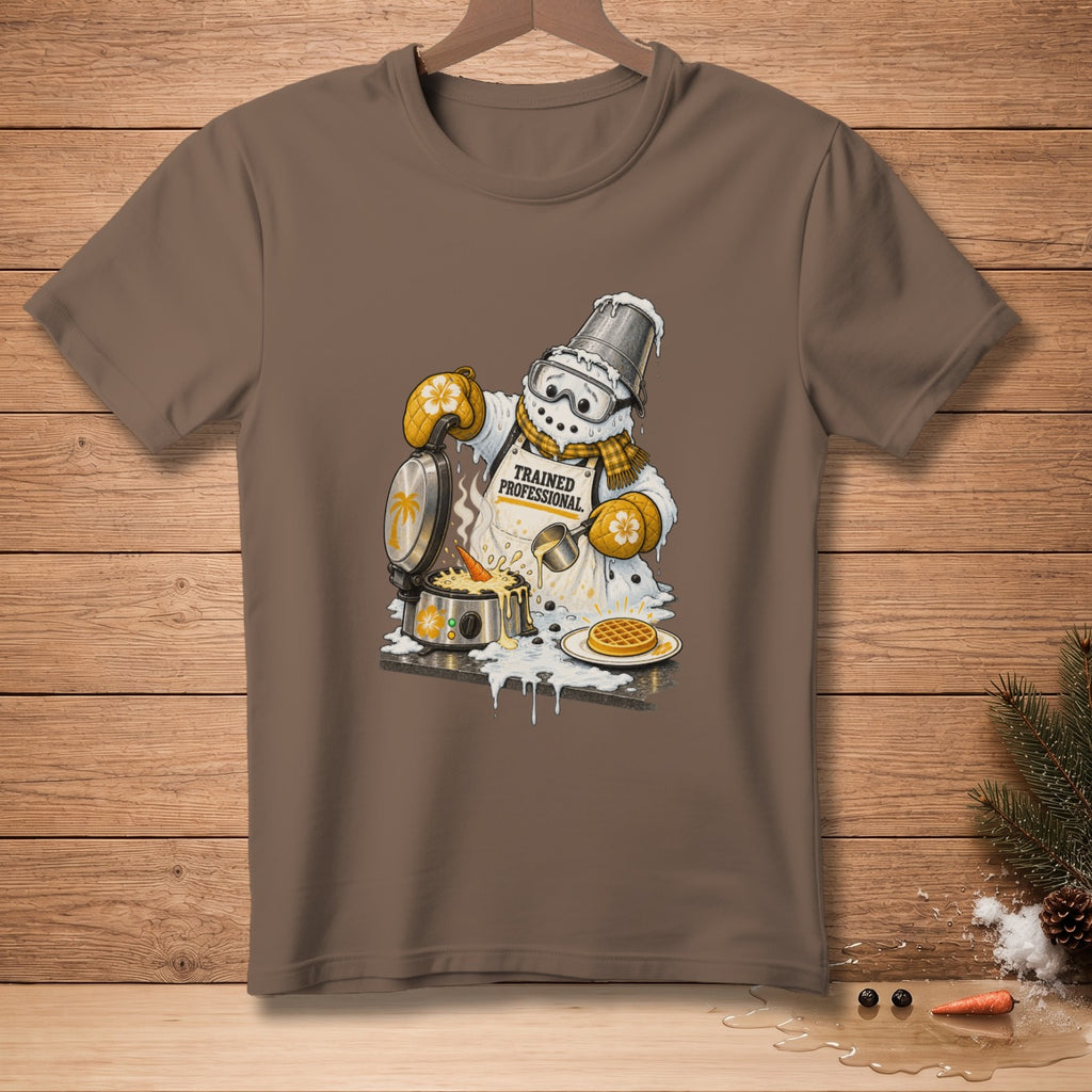 Snowman wearing apron and goggles making waffles, with text "TRAINED PROFESSIONAL".