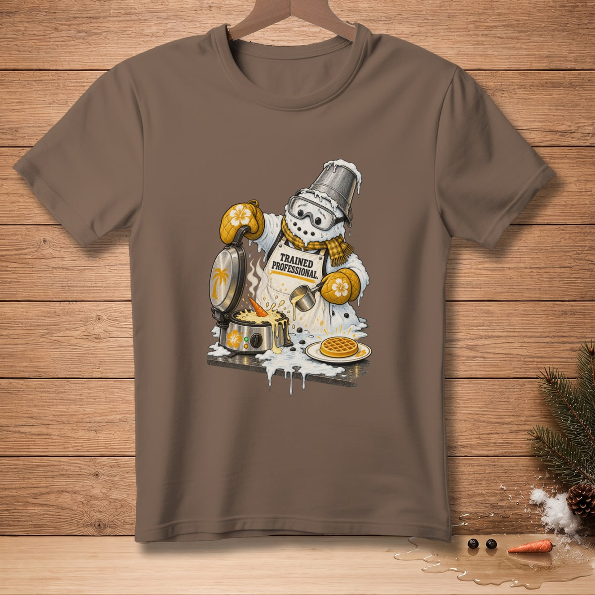 Snowman wearing apron and goggles making waffles, with text "TRAINED PROFESSIONAL".