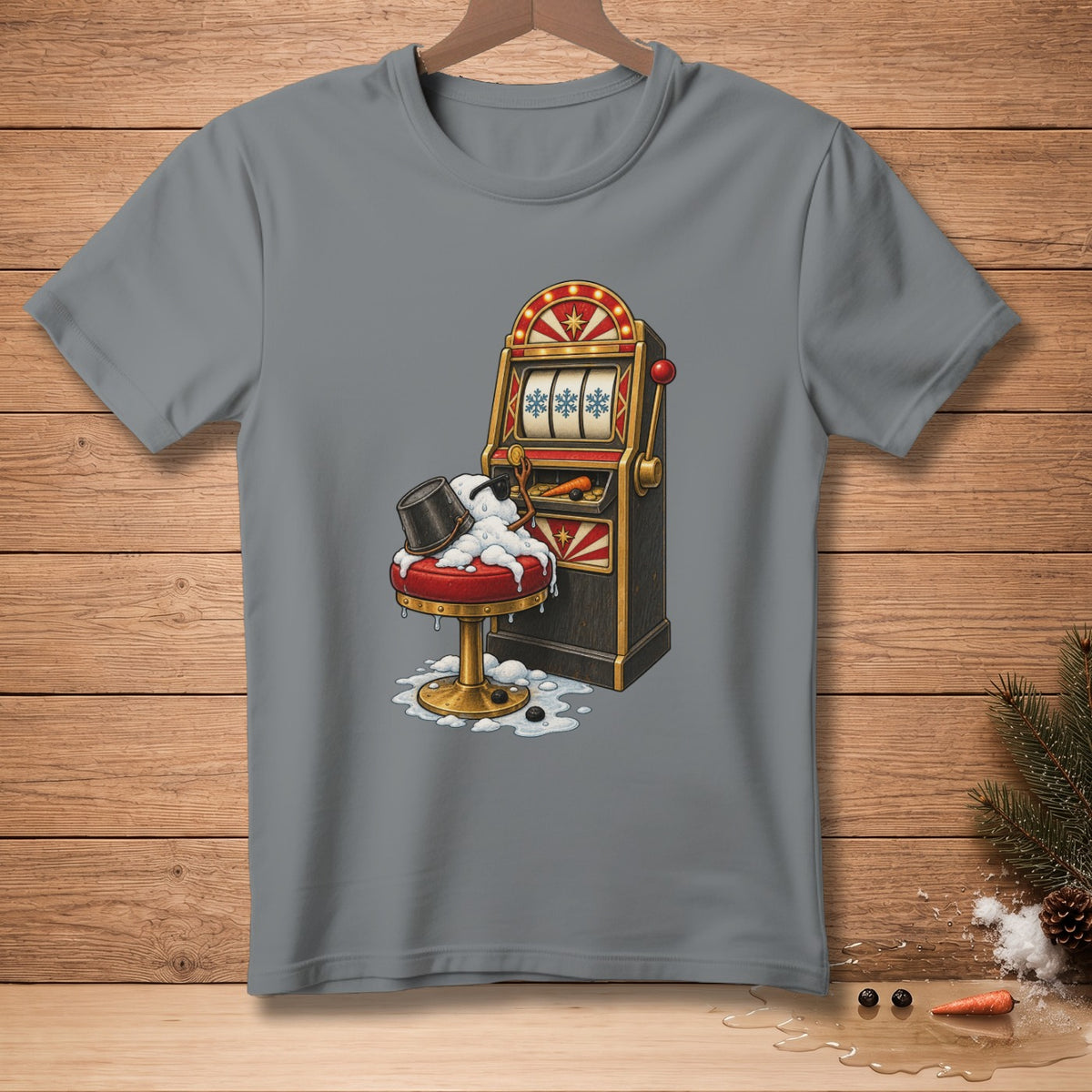 Melting snowman with bucket hat and sunglasses at a slot machine, on a red stool.