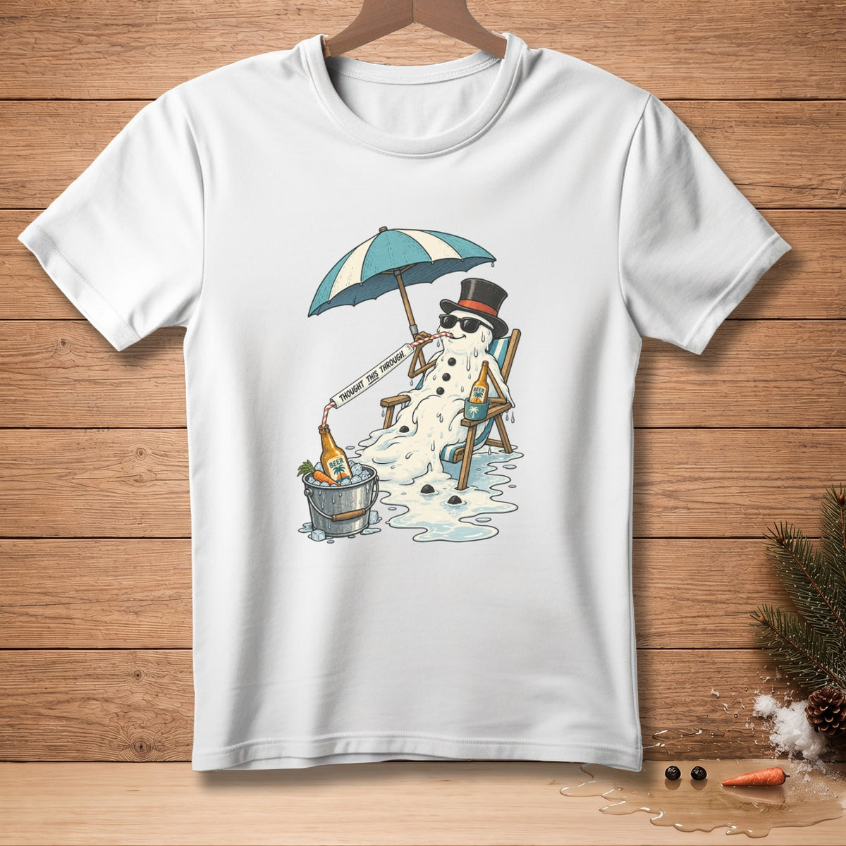 Melting snowman in a beach chair under an umbrella drinks beer.