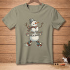 Snowman with bucket hat, scarf, roller skates, and hula hoop that says "FOUND MY BALANCE".