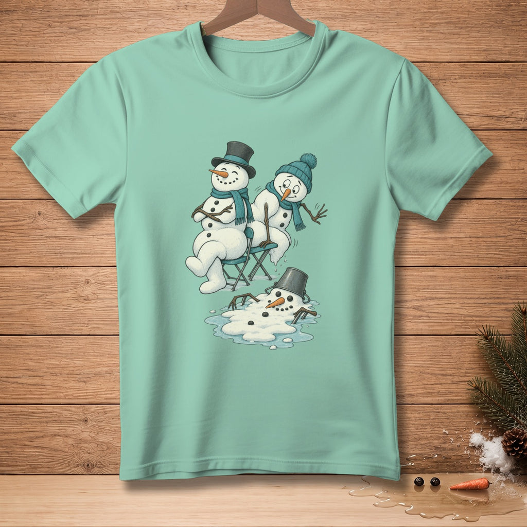 T-shirt with cartoon snowmen: one melting, one sitting, one standing.