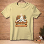 T-shirt graphic of snowman relaxing in sauna with text "FIVE MORE MINUTES."