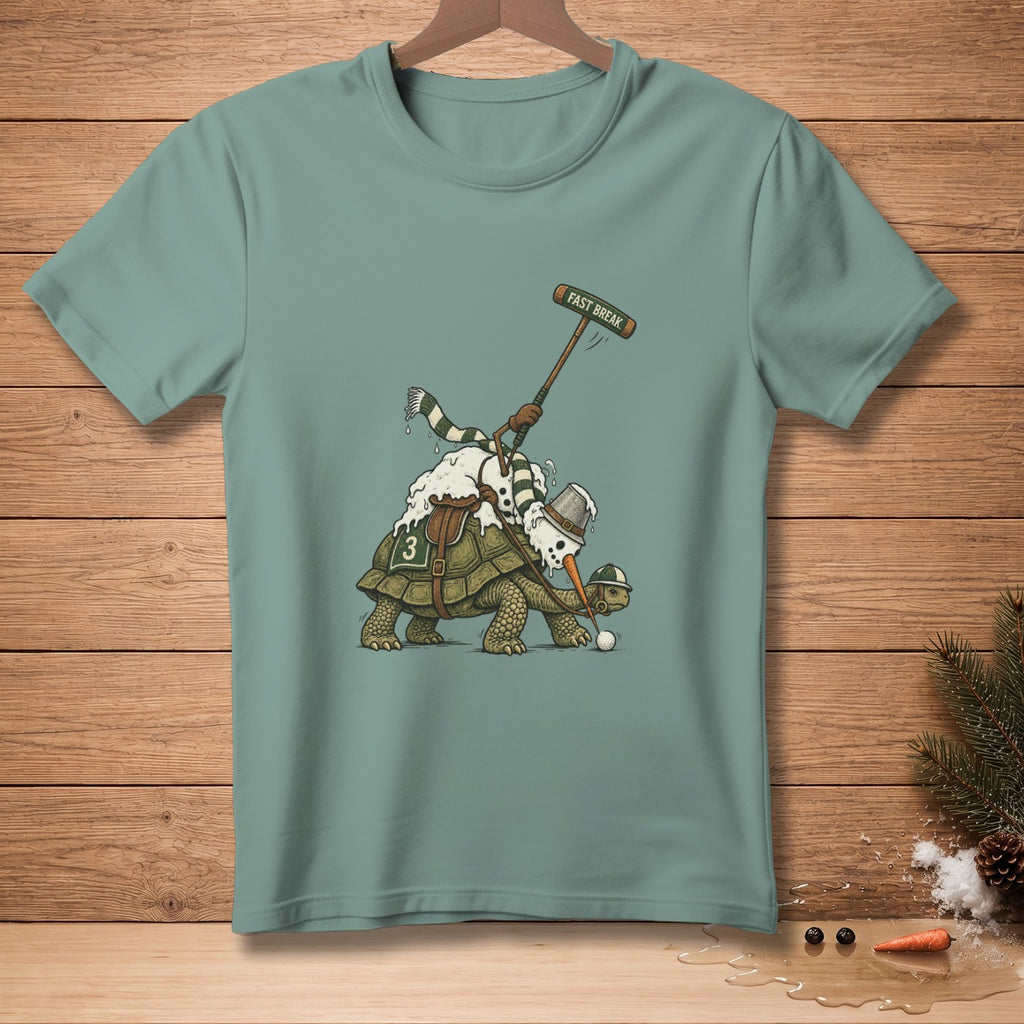 Snowman on a turtle playing polo with "FAST BREAK" text.