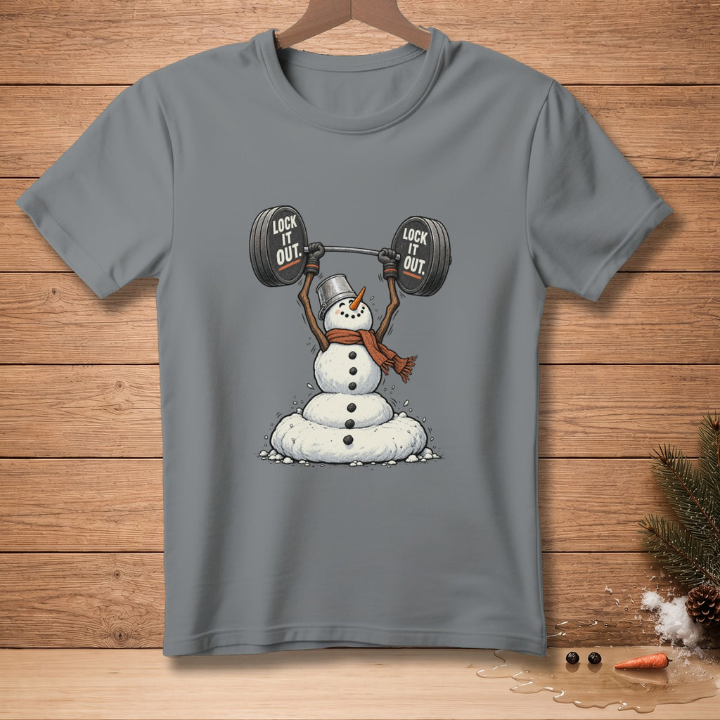 Snowman in top hat and scarf lifting barbell with "LOCK IT OUT" text.