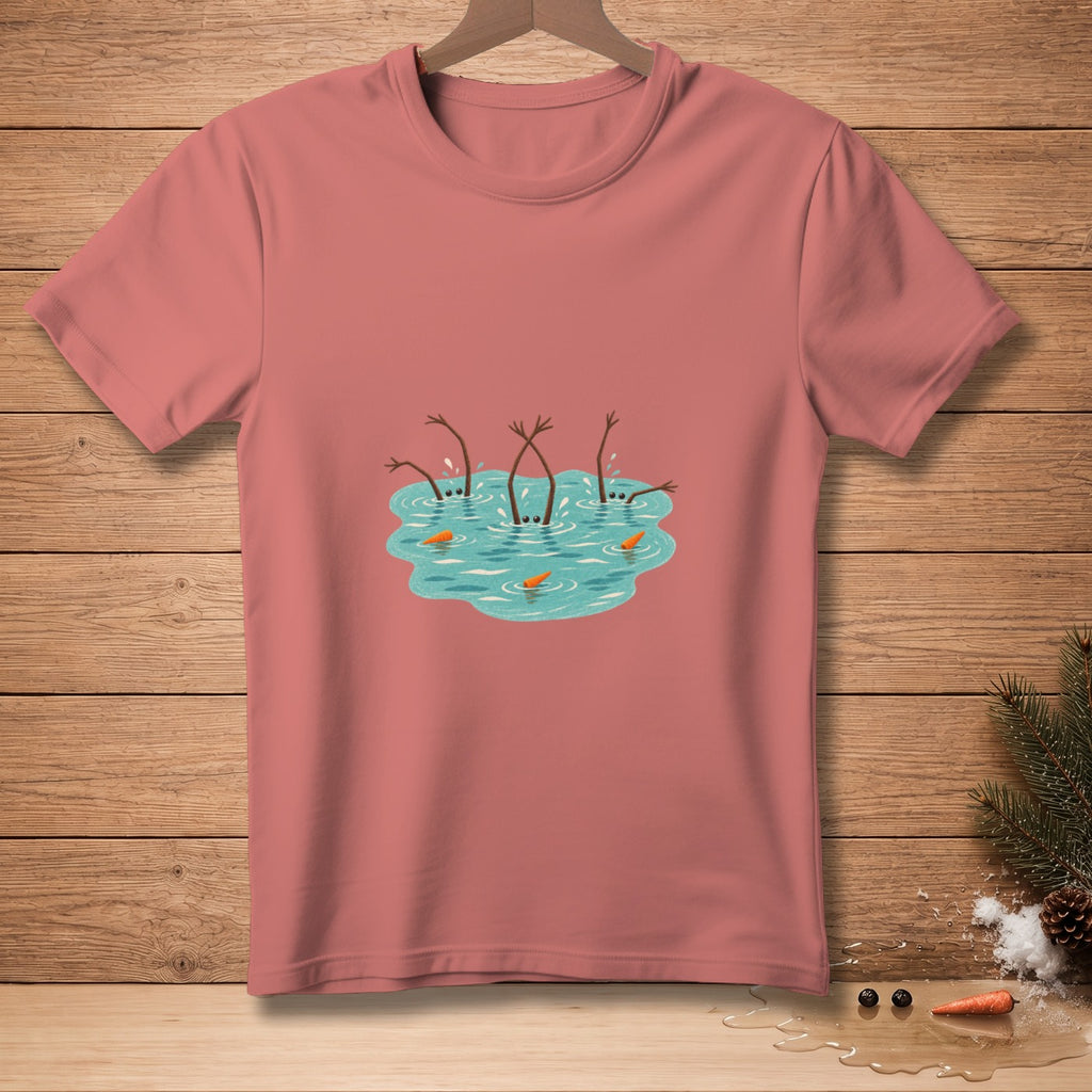 Pink t-shirt with cartoon snowmen sinking into water, with carrot noses.