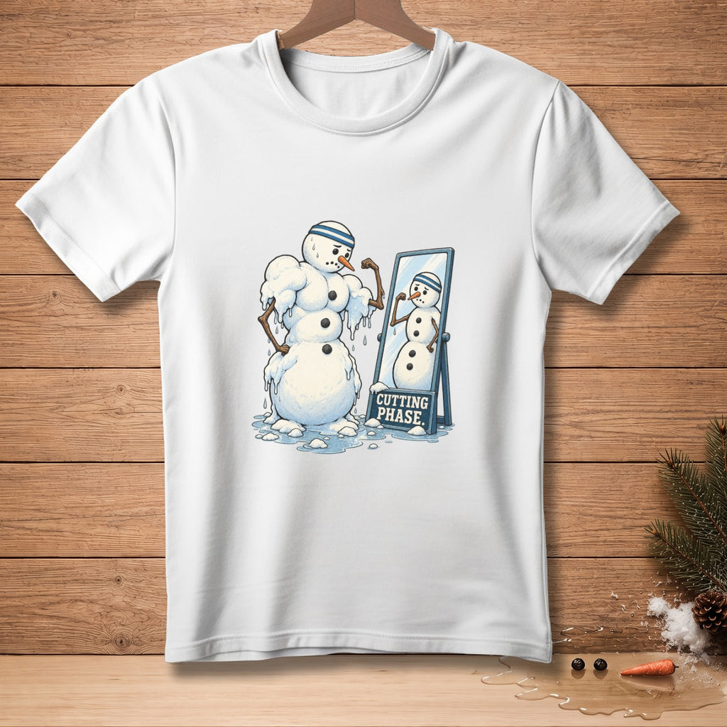 Muscular snowman flexes in mirror with "Cutting Phase" sign.