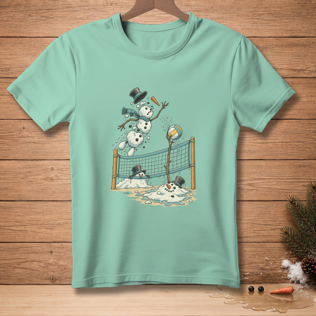 Cartoon snowmen playing volleyball on a beach with a net.