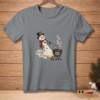 Melting snowman in a top hat grills hot dogs with "LOW & SLOW" text.