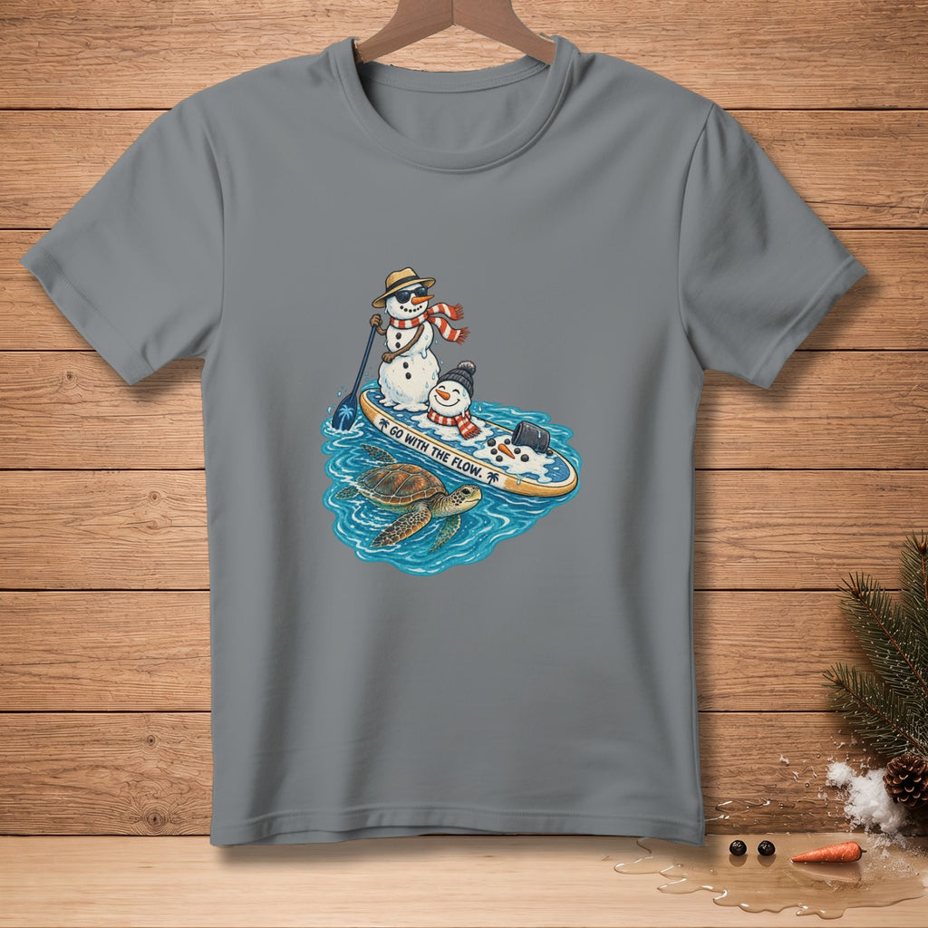 Two snowmen on a paddleboard with a turtle, text "GO WITH THE FLOW."
