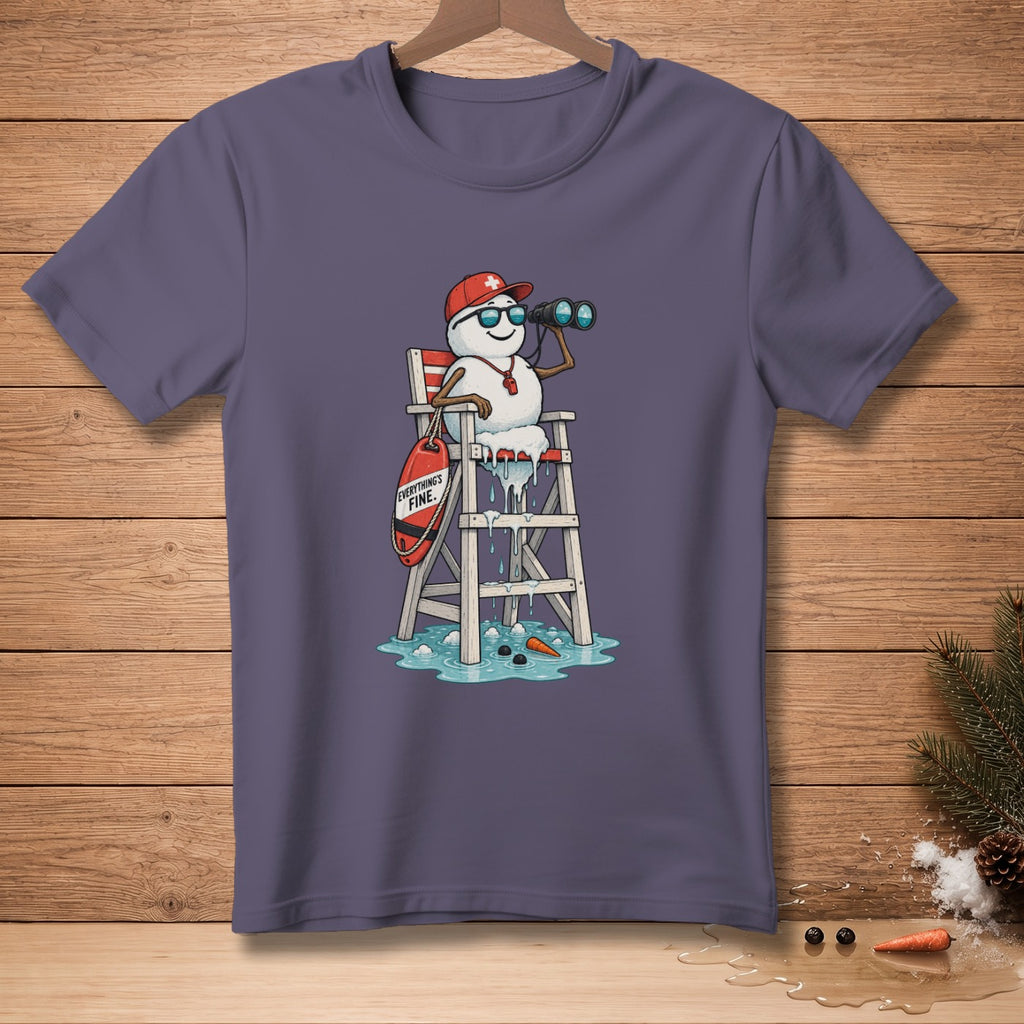 Snowman lifeguard in a red hat and sunglasses with binoculars on a stool, "Everything's Fine" buoy.