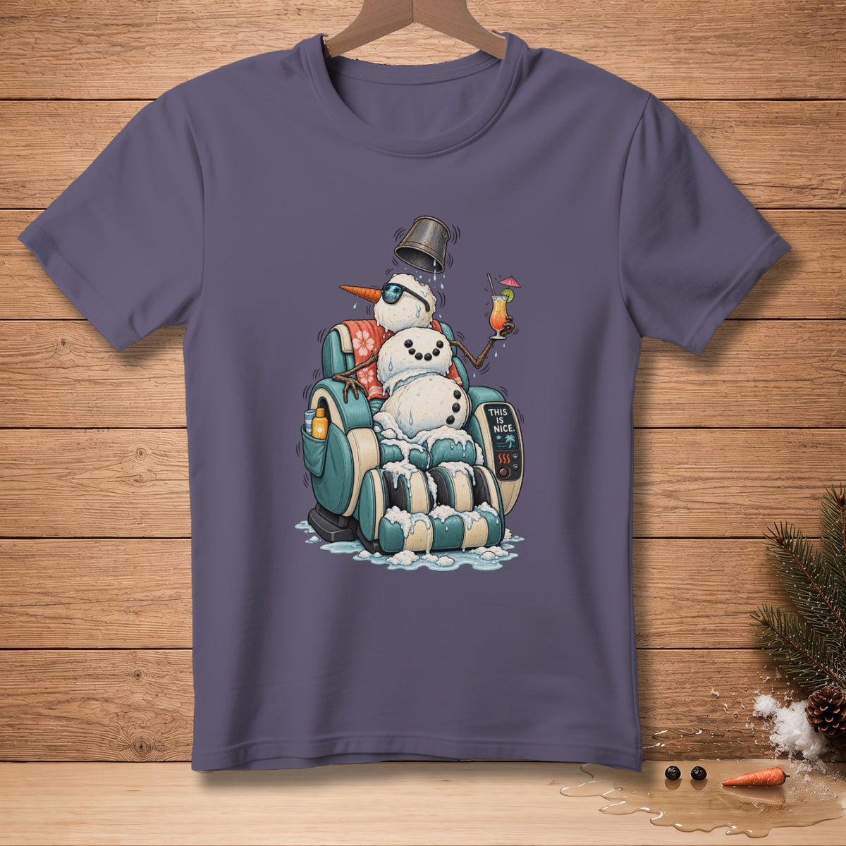 Snowman relaxing in a massage chair, holding a drink, with "This Is Nice" text.