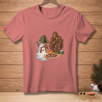 Bigfoot and melting snowman camping by a campfire with tent.