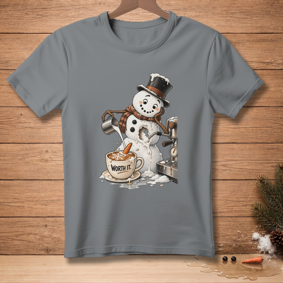 Melting snowman making coffee with text "WORTH IT."