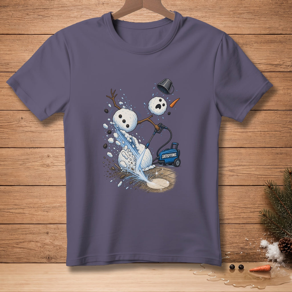 Snowman melting from pressure washer on a t-shirt.