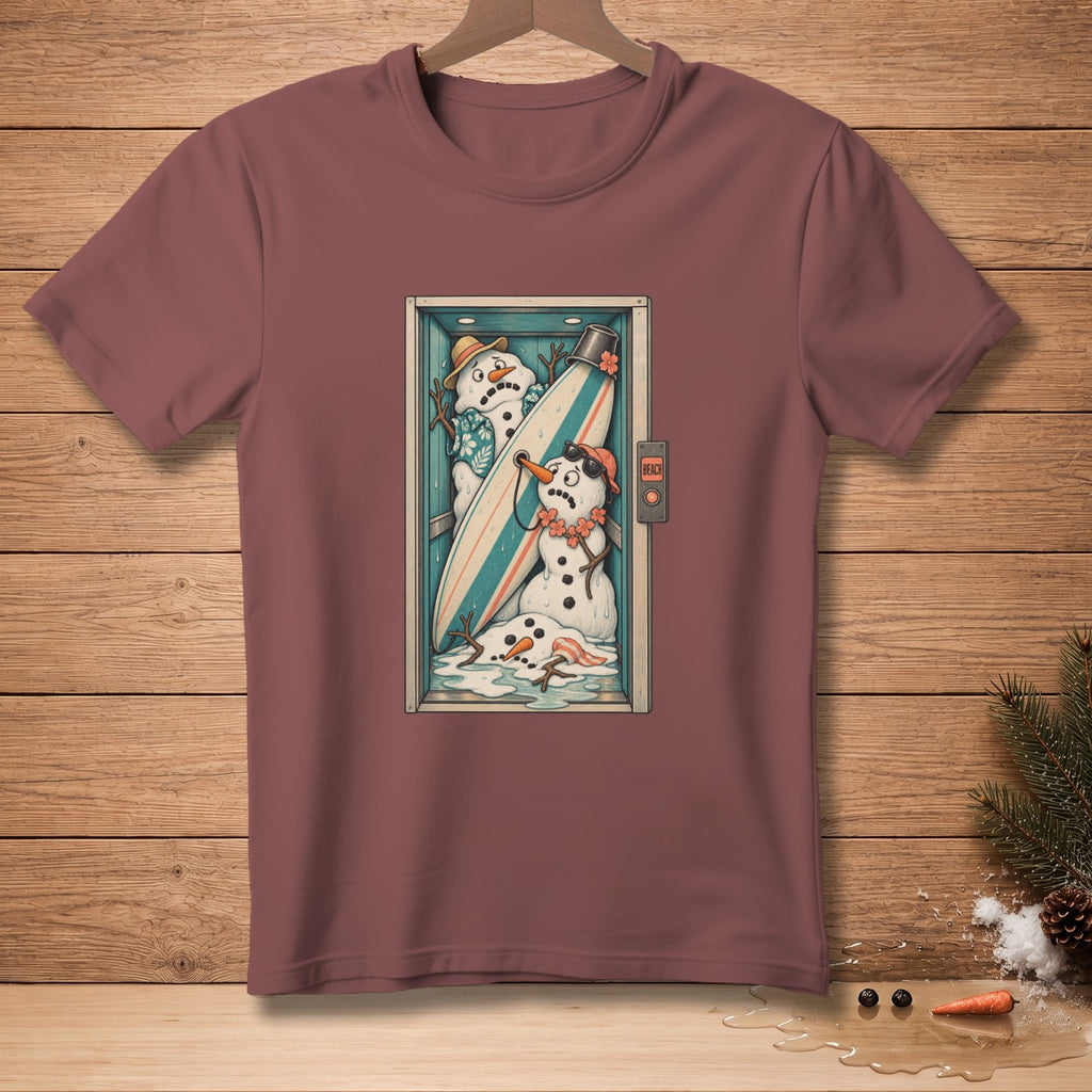 T-shirt with cartoon snowmen and surfboard in a melting elevator.