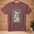 T-shirt with cartoon snowmen and surfboard in a melting elevator.