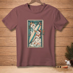 T-shirt with cartoon snowmen and surfboard in a melting elevator.