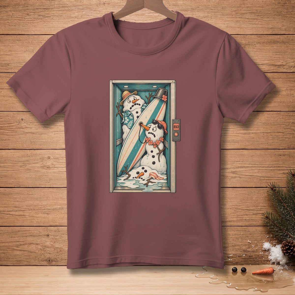 T-shirt with cartoon snowmen and surfboard in a melting elevator.
