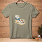 Snowman melting with head in cooler, body on sand with scarf and stick.