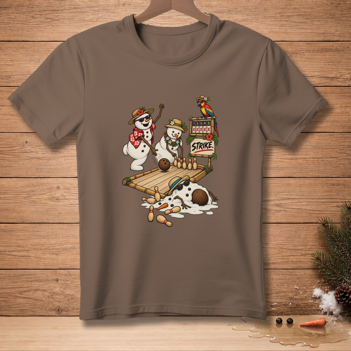 Snowmen bowling with a parrot and "STRIKE!" sign.