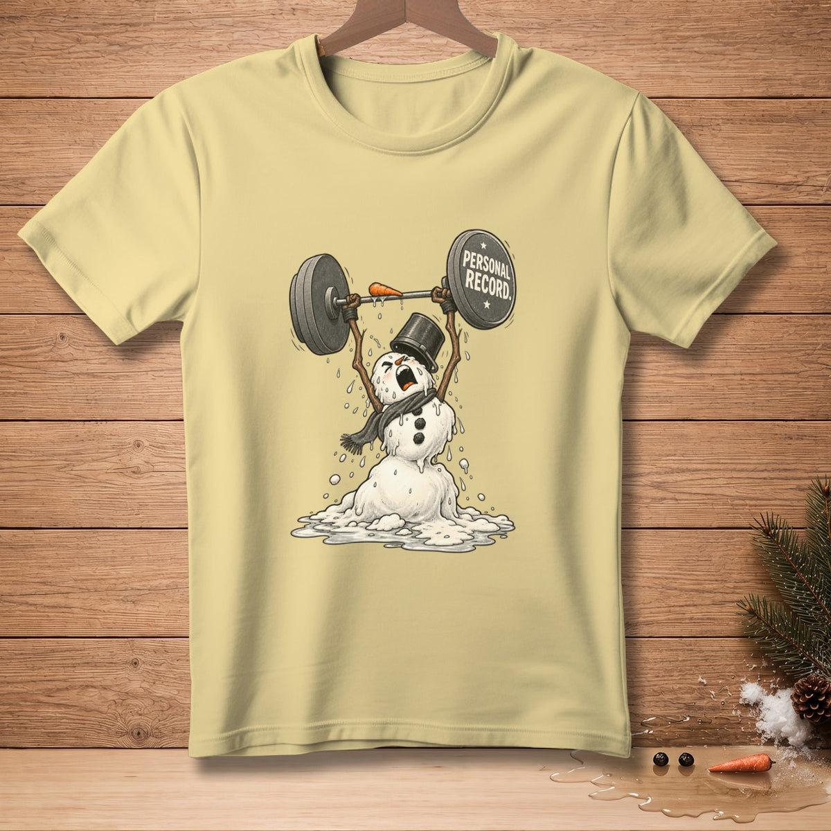 Melting snowman lifting barbell with "PERSONAL RECORD" on weight.