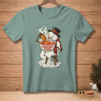 Melting snowman in top hat and scarf eats soup with text "COMFORT FOOD."
