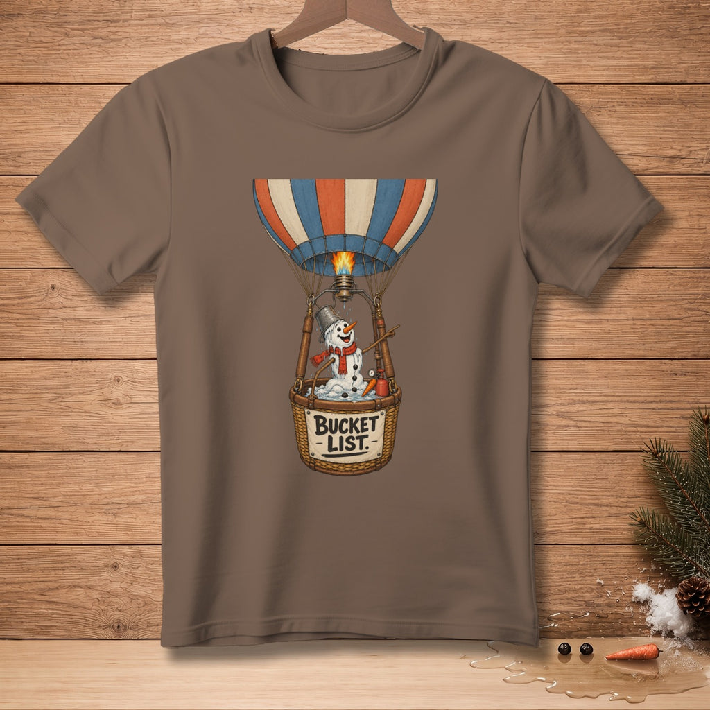 Snowman in hot air balloon with "Bucket List" sign.