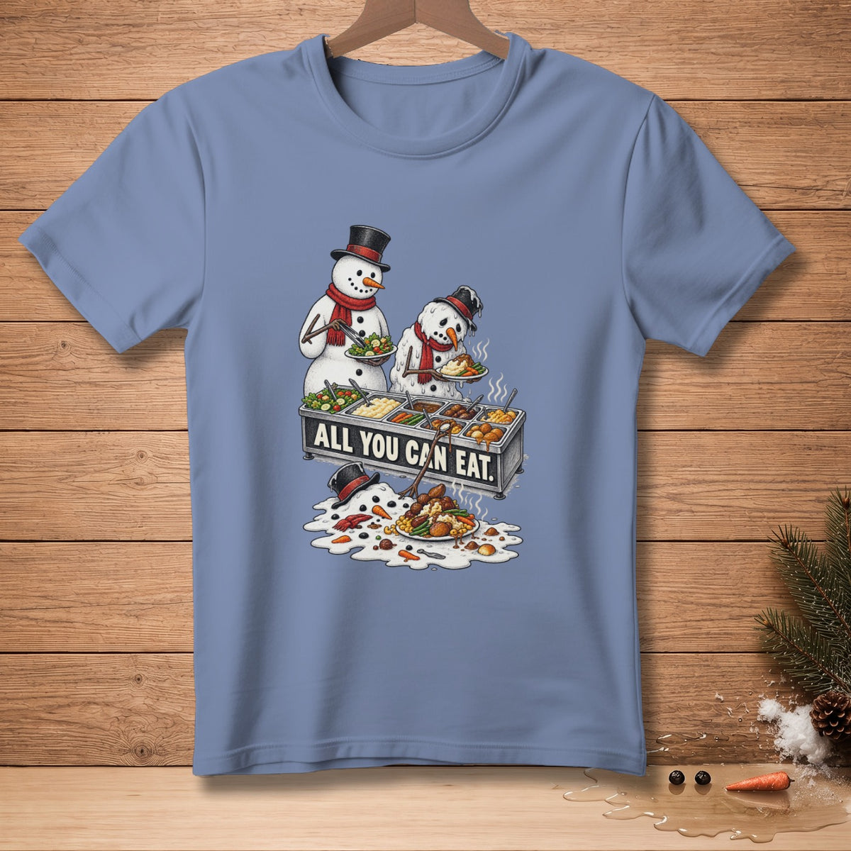Snowmen at a buffet with "ALL YOU CAN EAT" sign, one melting.