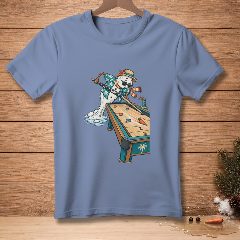Snowman playing shuffleboard with "Let it ride" text.