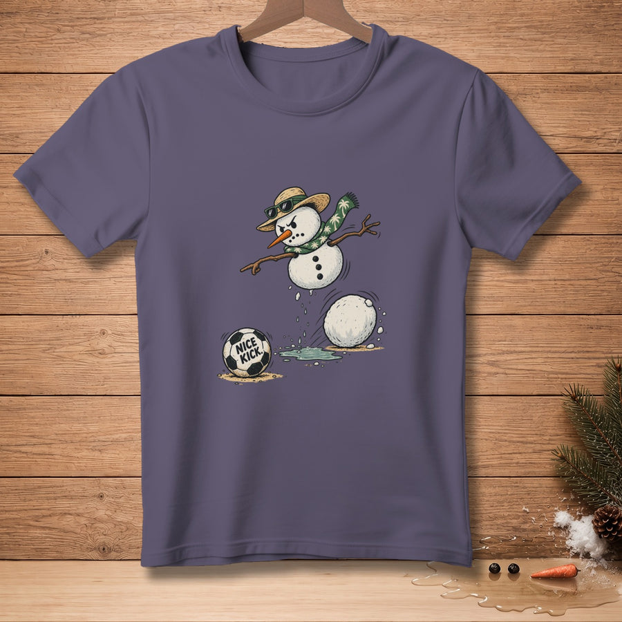 Snowman in sunglasses and hat playing soccer, with text "NICE KICK".