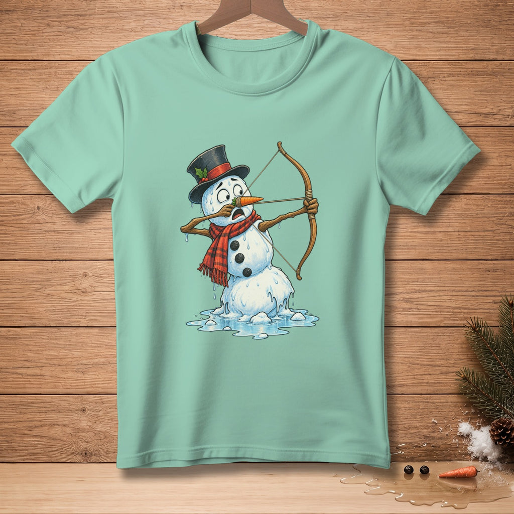 Snowman in hat and scarf drawing a bow and arrow, melting on a mint green t-shirt.