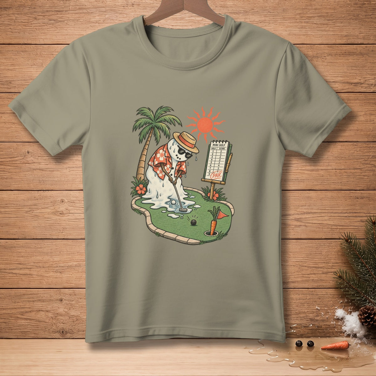Melting snowman playing mini golf in a Hawaiian shirt and straw hat.